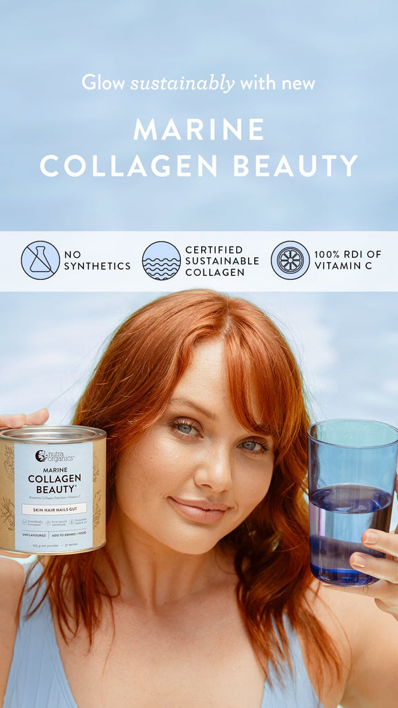 Nutra Organics Marine Collagen Beauty™ Skin. Hair. Nails. Gut.  225g   Nutra Organics Marine Collagen Beauty with Bioactive Collagen Peptides + Vitamin C Unflavoured 225g       Marine Collagen Beauty is a natural formulation to support structural integrity of skin and decrease skin aging factors, supporting skin quality of the entire body and smoothing skin wrinkles from within^.