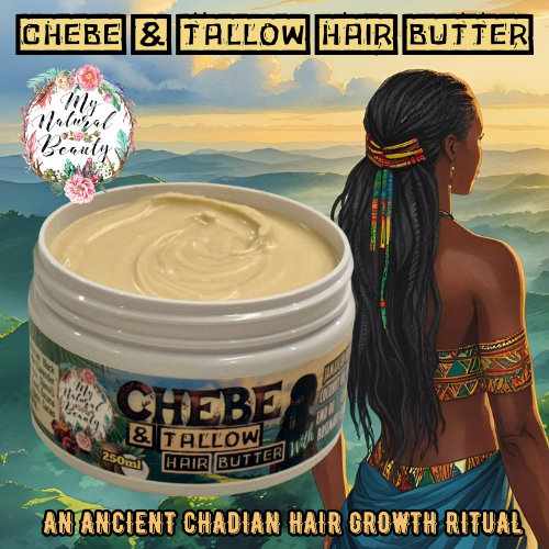 Chebe & Tallow Hair Butter jar with a woman and scenic background, featuring 'My Natural Beauty' logo.