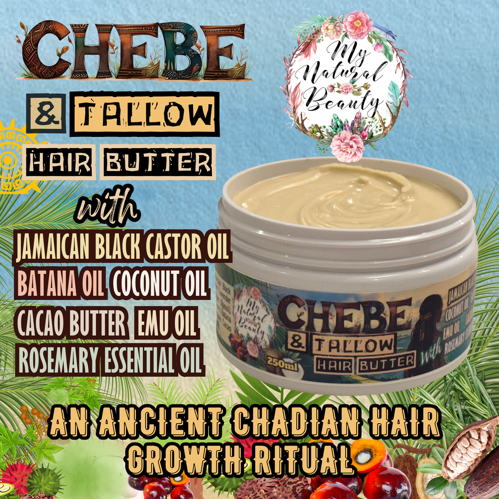Jar of Chebe & Tallow Hair Butter with ingredients listed on a colorful background