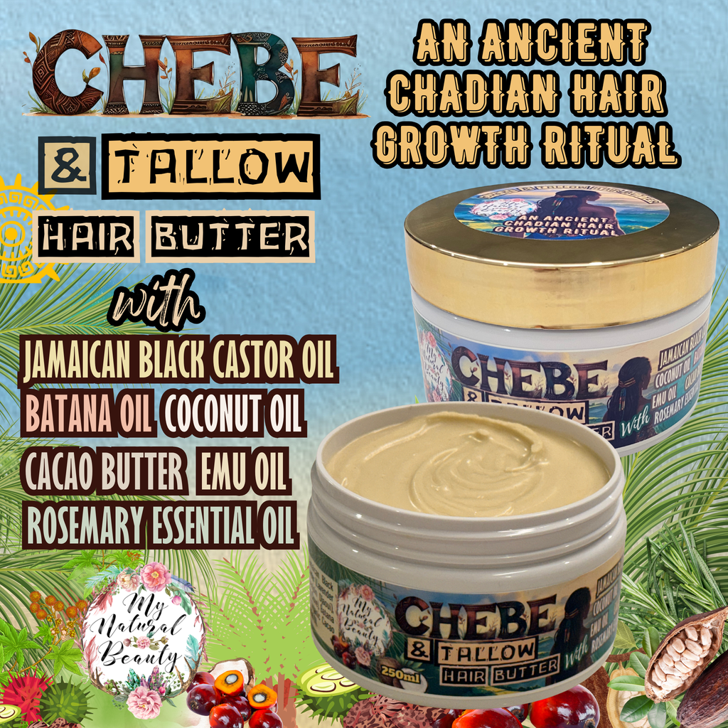 Chebe & Tallow hair butter with ingredients listed on a colorful background