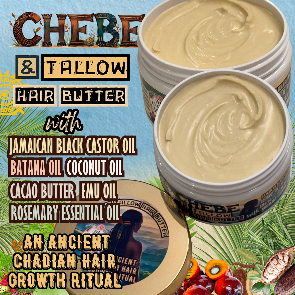 Two containers of Chebe & Tallow Hair Butter with ingredients listed on a colorful background.