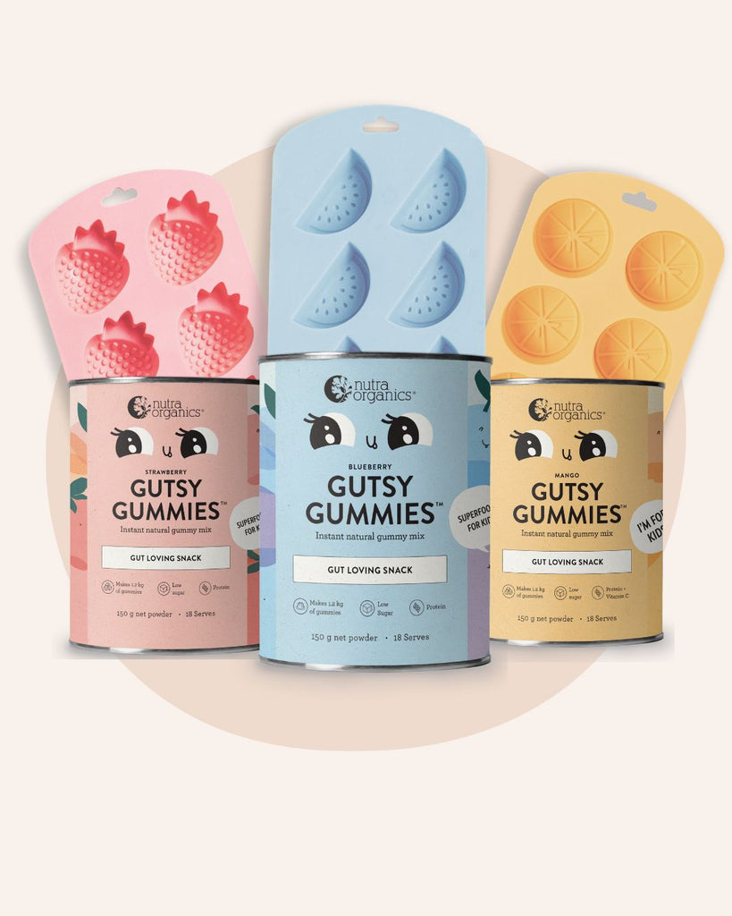 Nutra Organics Gutsy Gummies- Gut Loving Snack- Glorious Bundle Mango/Blueberry and Strawberry + molds 3 pack