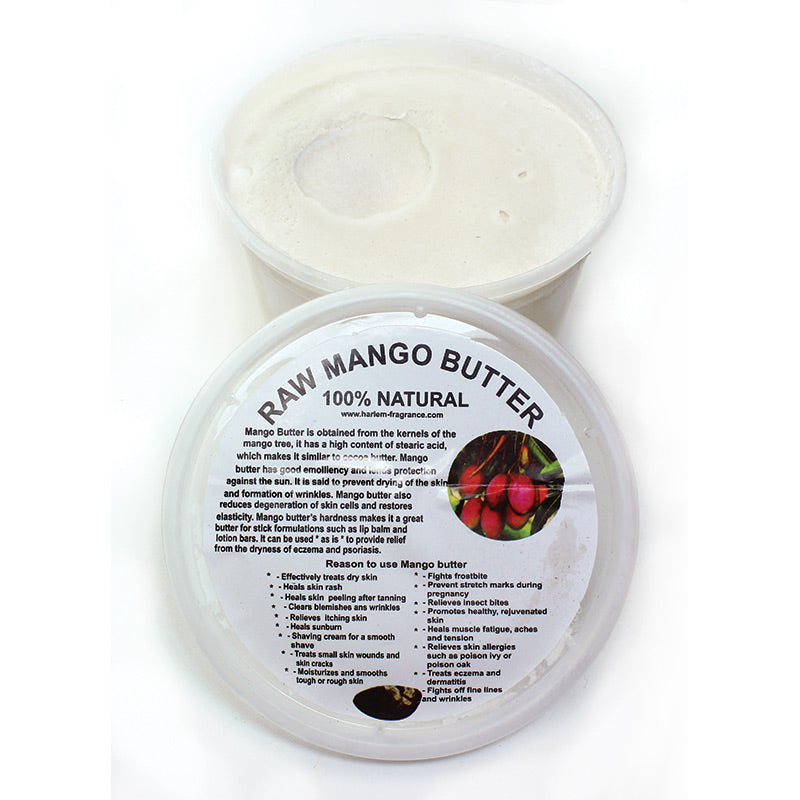  Mango butter provides improvements and benefits in all the conditions listed below. Dermatologists often recommend mango butter for treatment of wrinkles, as most people who use the butter will notice decreased signs of aging and the disappearance of lines and wrinkles within 4 to 6 weeks of daily use. Made in Ghana.
