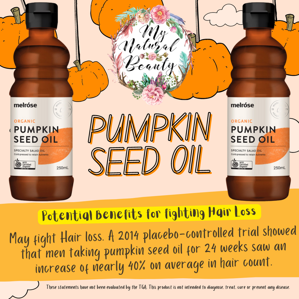 Some of the potential Benefits of Pumpkin Seed Oil.  May fight Hair loss. A 2014 placebo-controlled trial showed that men taking pumpkin seed oil for 24 weeks saw an increase of nearly 40% on average in hair count.  