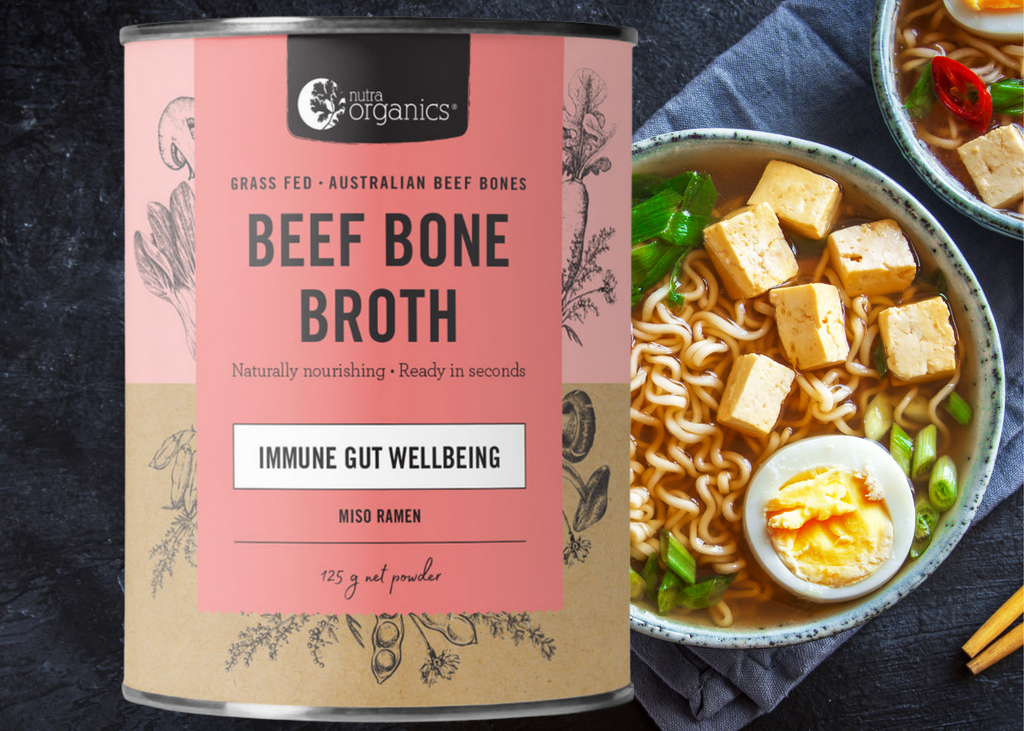Beef Bone Broth Miso Ramen - 125g       BRAND: Nutra Organics   Beef Bone Broth Miso Ramen is a naturally nourishing instant ramen bone broth with zinc and B vitamins to support immunity, energy and gut wellbeing.~ Ready in seconds, as tasty and nutritious as homemade and easy to take on the go. 