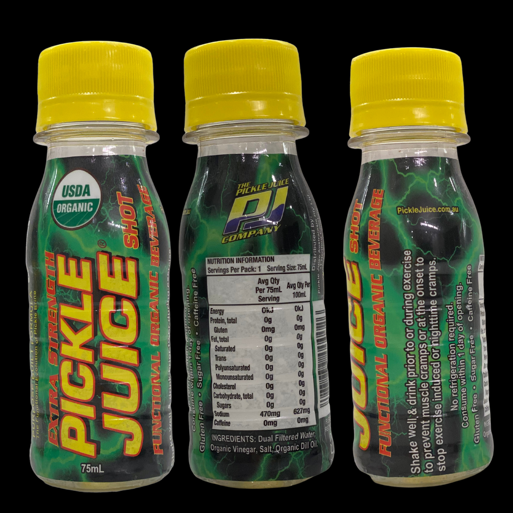So, what is Pickle Juice?  Pickle Juice is a 100% natural, purpose built isotonic sports drink. It has a vinegar base mixed with triple filtered water and contains no sugar, no caffeine and has added vitamins C and E plus zinc, potassium and sodium.  Pickle Juice is smooth and easy to drink and has no nasties like straight pickle brine and contains 10 times more electrolytes than most other sports drinks.