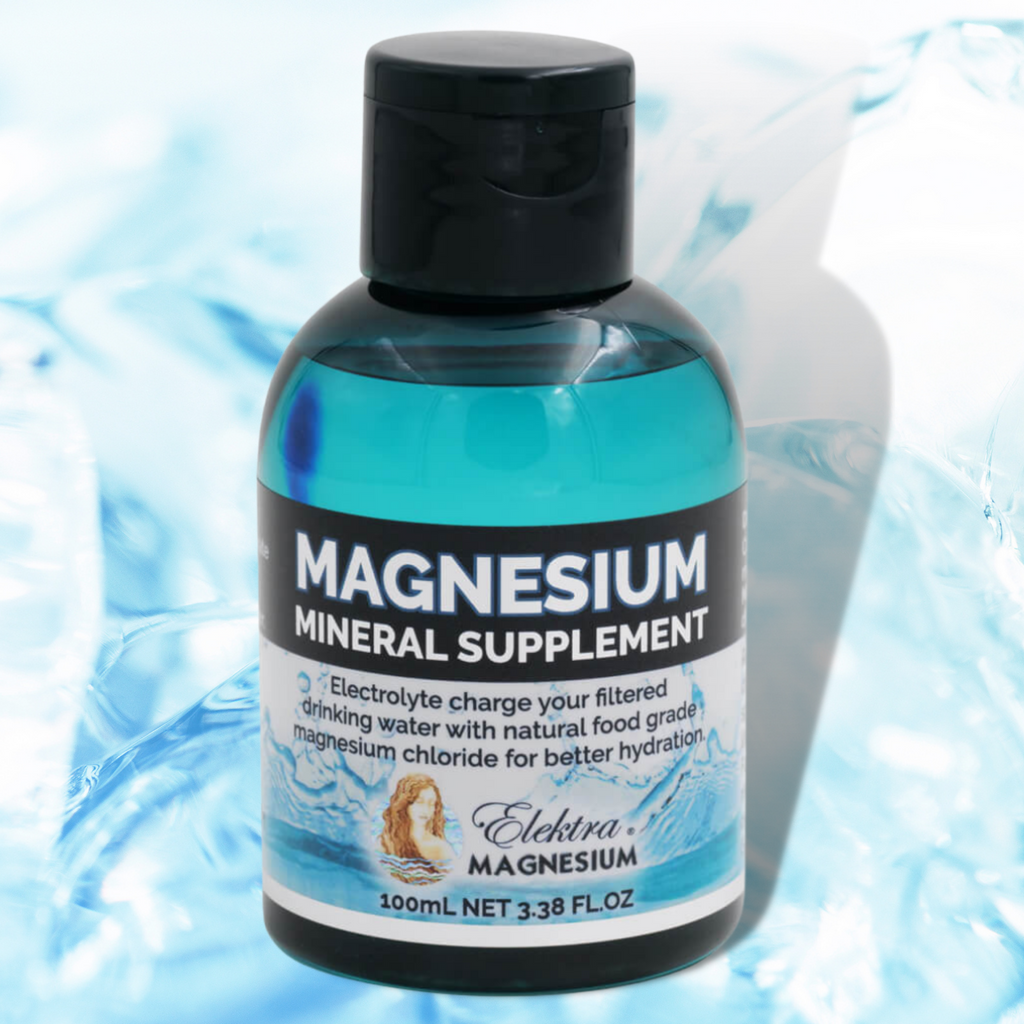 Magnesium Mineral Supplement for Drinking Water 100mL  Brand: Elektra Magnesium   Add liquid magnesium chloride (certified food grade) drops to filtered drinking water to charge it with electrolytes. It mimics natural spring water from the mountains. Tastes great with velvety smooth texture. It's easier to drink more for better hydration.  Improve hydration at a cellular level with electrolyte drops supplement for drinking water.