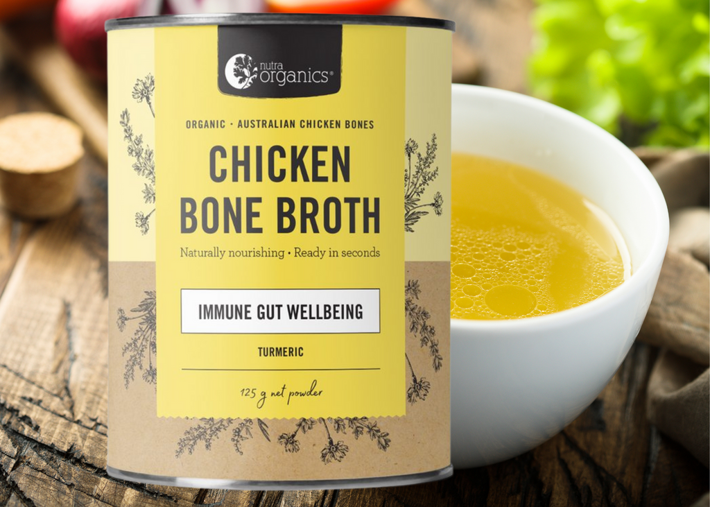 BRAND: Nutra Organics   Chicken Bone Broth Turmeric is naturally nourishing with curcumin, zinc & B vitamins to support immunity, energy and gut wellbeing.~ Ready in seconds, as tasty and nutritious as homemade and easy to take on the go!