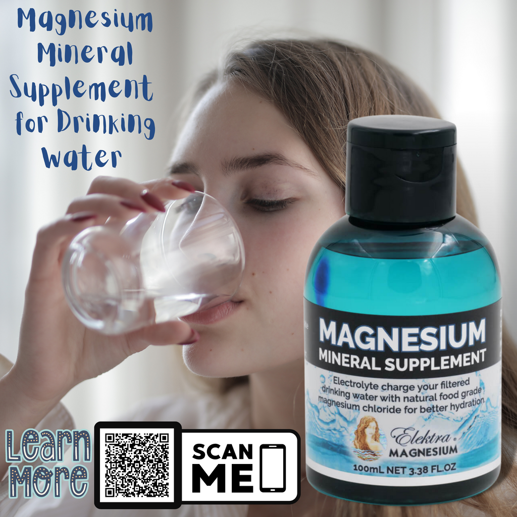 Magnesium Mineral Supplement for Drinking Water 100mL  Brand: Elektra Magnesium   Add liquid magnesium chloride (certified food grade) drops to filtered drinking water to charge it with electrolytes. It mimics natural spring water from the mountains. Tastes great with velvety smooth texture. It's easier to drink more for better hydration.  Improve hydration at a cellular level with electrolyte drops supplement for drinking water.