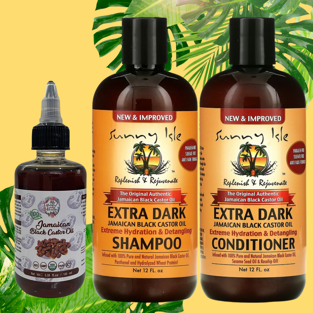 The ultimate Natural Hair Growth Bundle contains 3 amazing products:    1x 100ml Organic 100% Pure Jamaican Black Castor Oil with applicator cap  1x Sunny Isle, Extra Dark Jamaican Black Castor Oil Shampoo, 12 fl oz (354ml); and  1x Sunny Isle, Extra Dark Jamaican Black Castor Oil Conditioner, 12 fl oz