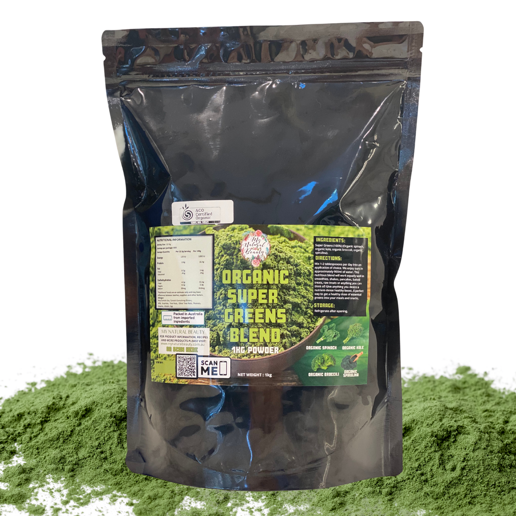 ORGANIC SUPER GREENS BLEND- 1kg THERE ARE JUST 4 SUPERFOOD ORGANIC INGREDIENTS USED TO MAKE THIS POWDER: Organic Spinach Organic Kale Organic Broccoli Organic Spirulina