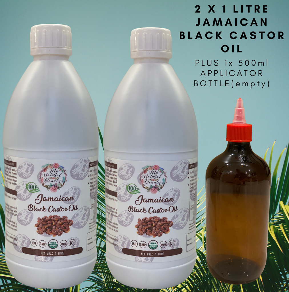 100% Pure Organic Jamaican Black Castor Oil – 1 Litre + 500ml empty applicator bottle You will receive: 1 Litre of 100% Pure Organic Jamaican Black Castor Oil; and 1x 500ml empty applicator bottle for filling with your oil for easy scalp application.