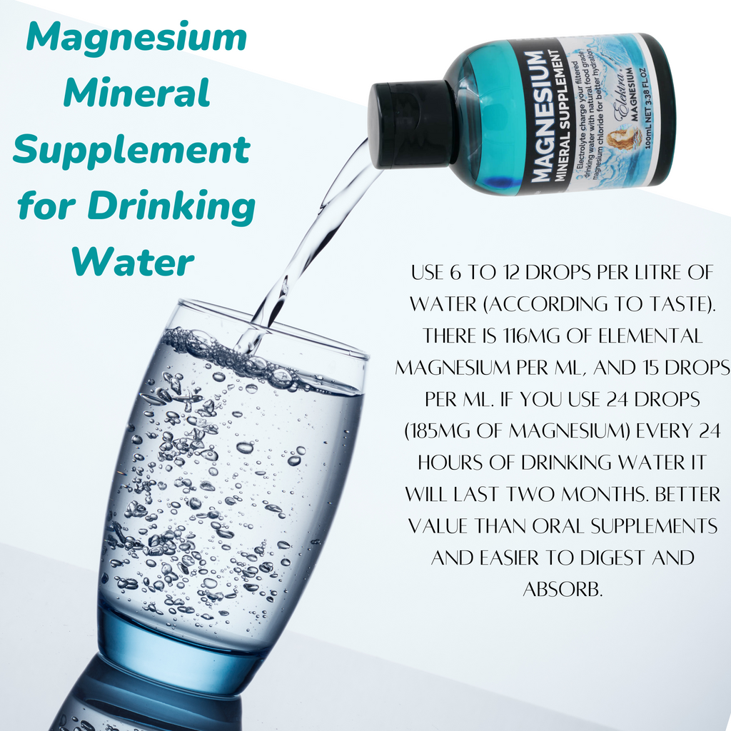 Magnesium Mineral Supplement for Drinking Water 100mL  Brand: Elektra Magnesium   Add liquid magnesium chloride (certified food grade) drops to filtered drinking water to charge it with electrolytes. It mimics natural spring water from the mountains. Tastes great with velvety smooth texture. It's easier to drink more for better hydration.  Improve hydration at a cellular level with electrolyte drops supplement for drinking water.