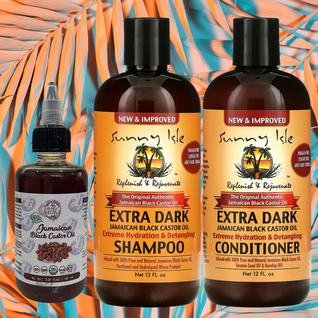 The ultimate Natural Hair Growth Bundle contains 3 amazing products:    1x 100ml Organic 100% Pure Jamaican Black Castor Oil with applicator cap  1x Sunny Isle, Extra Dark Jamaican Black Castor Oil Shampoo, 12 fl oz (354ml); and  1x Sunny Isle, Extra Dark Jamaican Black Castor Oil Conditioner, 12 fl oz