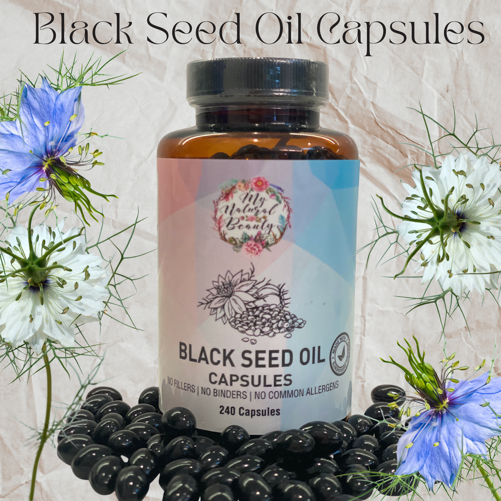 My Natural Beauty’s Black Seed Oil Capsules contain 100% Pure Black Seed Oil.    May be of benefit for the following:   ·	Type II Diabetes ·	Fungal and Bacterial Infections ·	Respiratory Issues ·	Digestive Issues ·	Arthritis ·	Joint health ·	Allergy Management ·	Immunity Support 