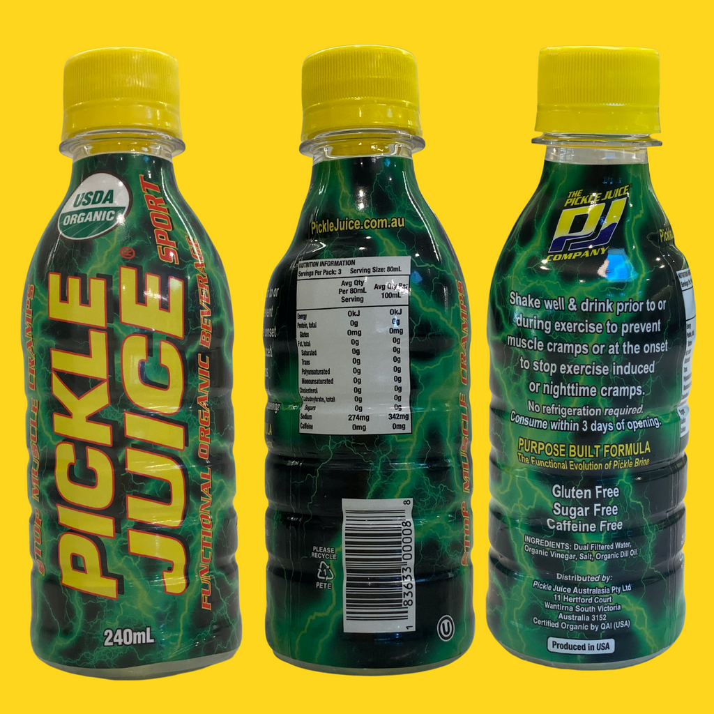  Pickle Juice 240ml is :   USDA Organic  A Functional Organic Beverage Concentrated electrolytes 10 times more electrolytes than other common sports drinks Kosher  Purpose Built Formula The Functional Evolution of Pickle Brine Certified Organic by QAI (USA) Sugar Free Caffeine Free Gluten Free No Protein Allergens No artificial colours or flavours