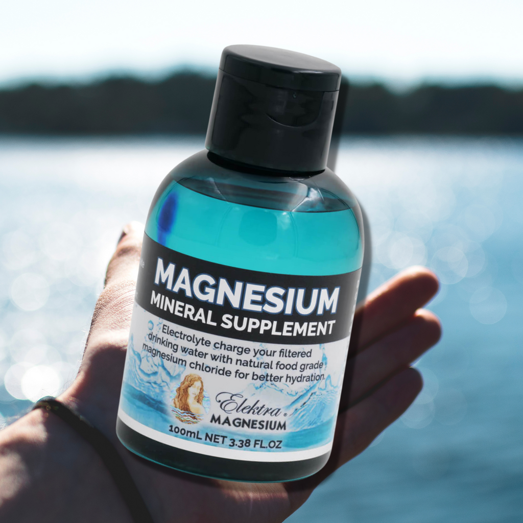 Magnesium Mineral Supplement for Drinking Water 100mL  Brand: Elektra Magnesium   Add liquid magnesium chloride (certified food grade) drops to filtered drinking water to charge it with electrolytes. It mimics natural spring water from the mountains. Tastes great with velvety smooth texture. It's easier to drink more for better hydration.  Improve hydration at a cellular level with electrolyte drops supplement for drinking water.