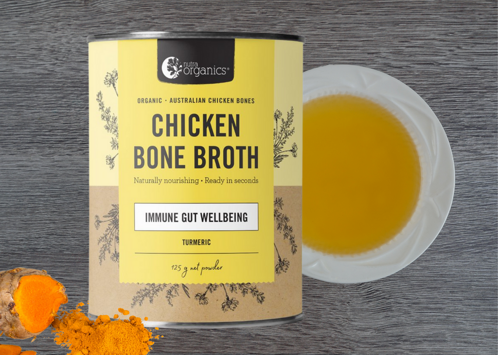 BRAND: Nutra Organics   Chicken Bone Broth Turmeric is naturally nourishing with curcumin, zinc & B vitamins to support immunity, energy and gut wellbeing.~ Ready in seconds, as tasty and nutritious as homemade and easy to take on the go!