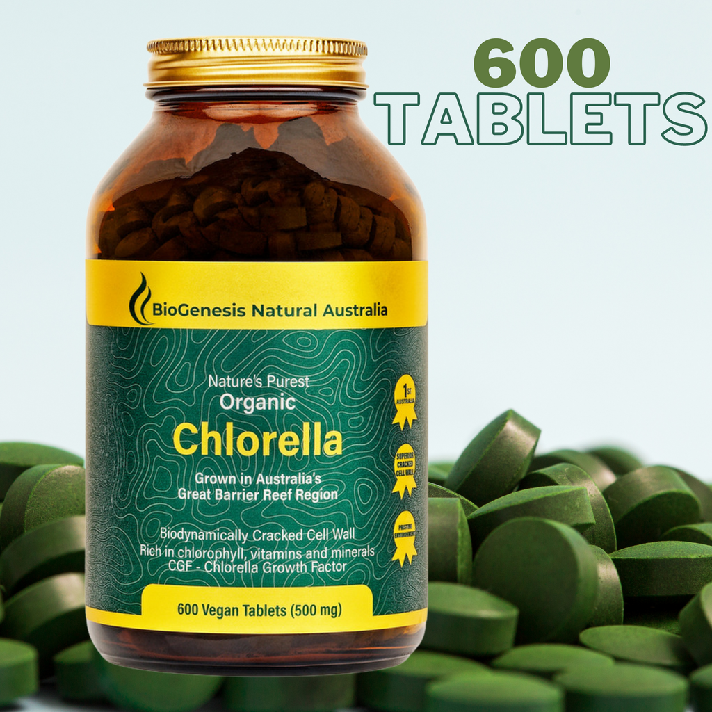  Organic Chlorella Tablets (600 tablets)- BioGenesis Natural Australia   Nature’s Purest Organic Chlorella- 500mg- 600t  BioGenesis Natural Australia (Glass) Nature's Purest Organic Chlorella 500mg 600t  Natural Ingredients  Organically grown in a pristine area of the Great Barrier Reef region of North Queensland.