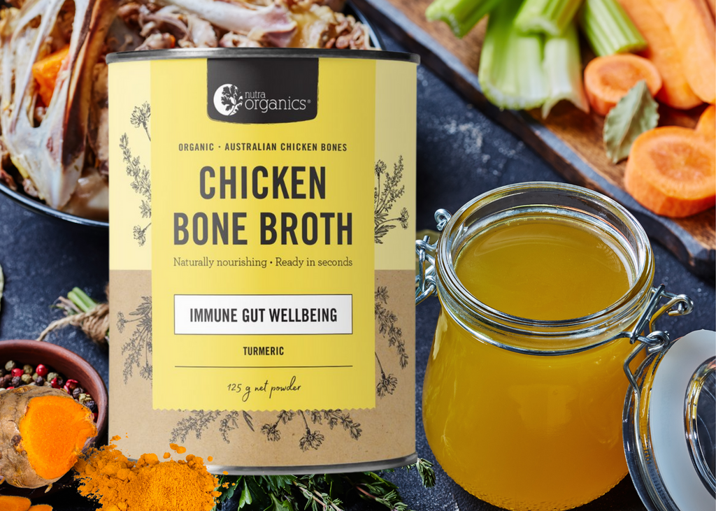 BRAND: Nutra Organics   Chicken Bone Broth Turmeric is naturally nourishing with curcumin, zinc & B vitamins to support immunity, energy and gut wellbeing.~ Ready in seconds, as tasty and nutritious as homemade and easy to take on the go!