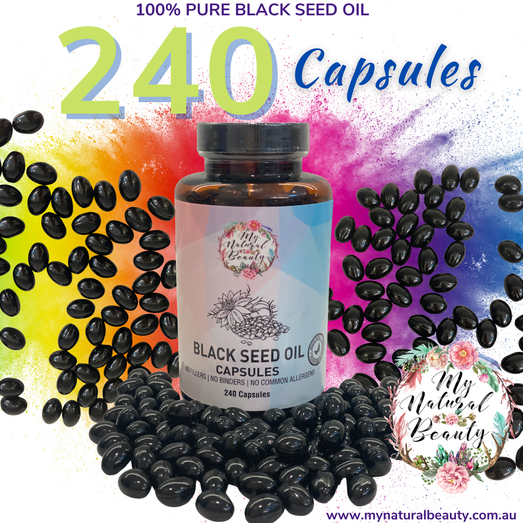 My Natural Beauty’s Black Seed Oil Capsules contain 100% Pure Black Seed Oil.    May be of benefit for the following:   ·	Type II Diabetes ·	Fungal and Bacterial Infections ·	Respiratory Issues ·	Digestive Issues ·	Arthritis ·	Joint health ·	Allergy Management ·	Immunity Support 