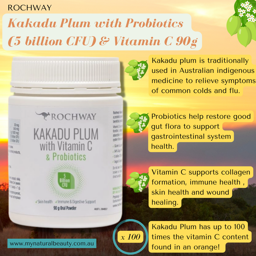 Rochway Kakadu Plum contains Australian grown Kakadu Plum in a probiotic powder with 1000mg of vitamin C and 5 billion CFU of beneficial probiotics per dose, designed for the entire family. Vitamin C is an antioxidant which supports healthy immune system function, collagen formation, skin health, wound healing and the absorption of dietary iron.