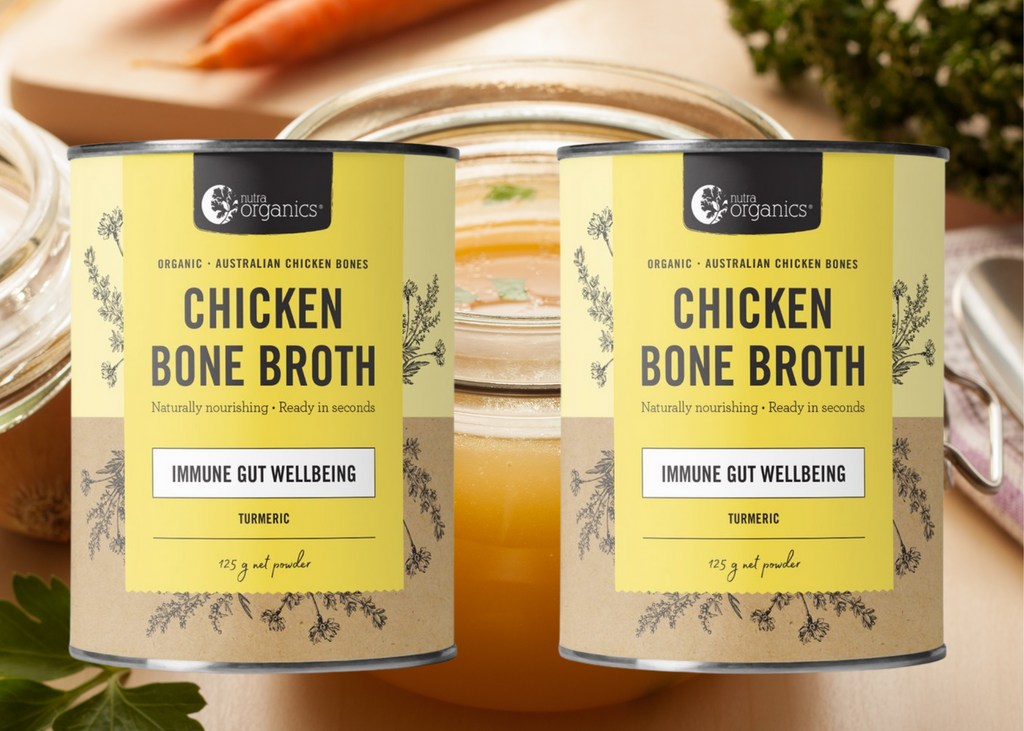 Chicken Bone Broth Turmeric- 2x 125g        BRAND: Nutra Organics   Chicken Bone Broth Turmeric is naturally nourishing with curcumin, zinc & B vitamins to support immunity, energy and gut wellbeing.~