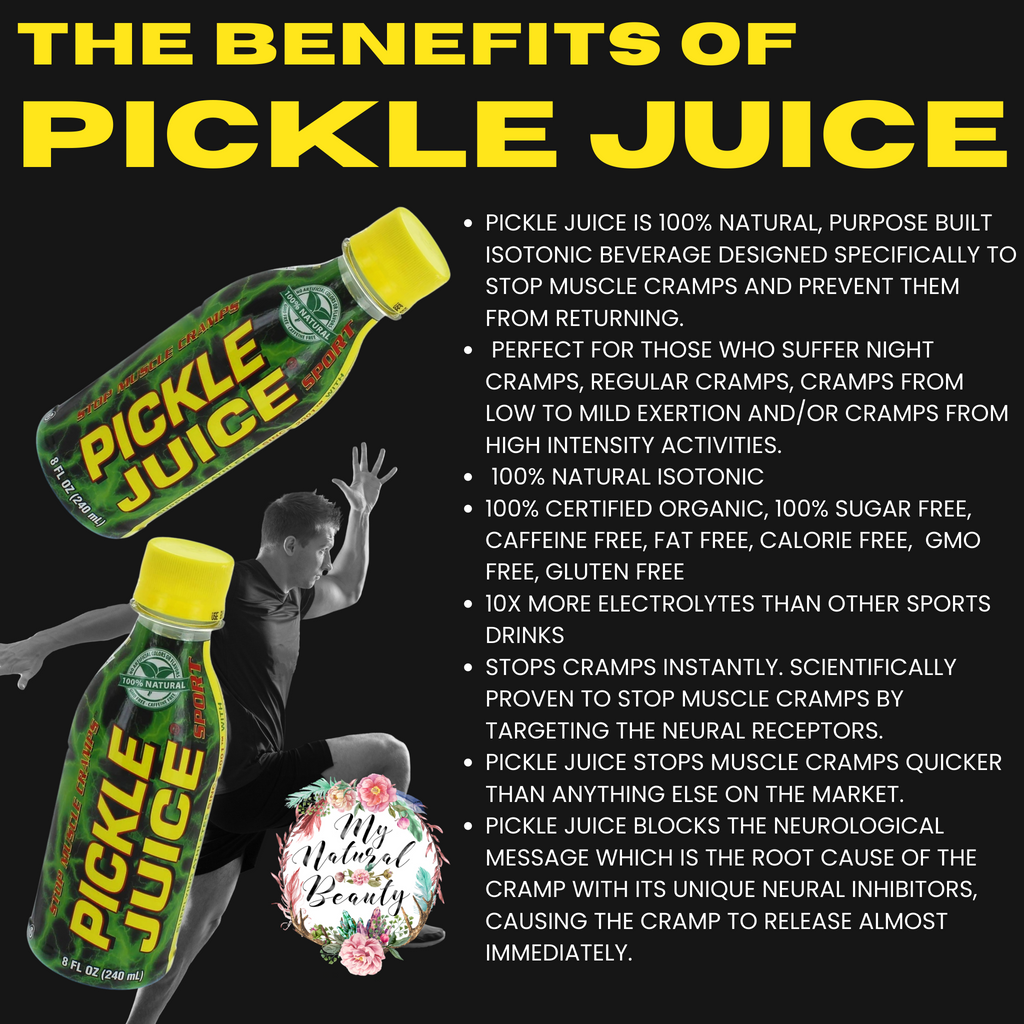     - Pickle juice is 100% natural, purpose built isotonic beverage designed specifically to stop muscle cramps and prevent them from returning.     -  Perfect for those who suffer night cramps or cramp from low to mild exertion.     - 100% natural isotonic     - 100% Certified Organic, 100% sugar free, caffeine free, fat free, calorie free,  GMO free, gluten free     - 10x more electrolytes than other sports drinks