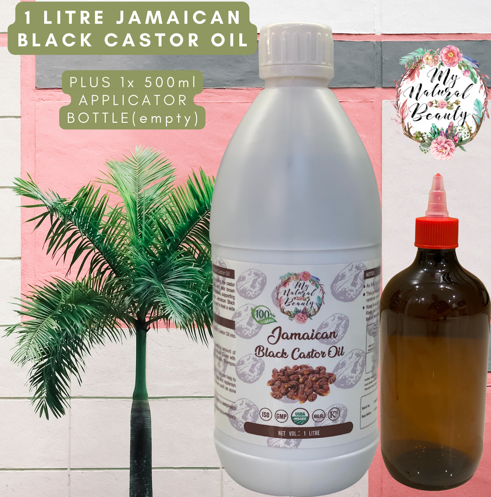 100% Pure Organic Jamaican Black Castor Oil – 1 Litre + 500ml empty applicator bottle   You will receive: 1 Litre of 100% Pure Organic Jamaican Black Castor Oil; and 1x 500ml empty applicator bottle for filling with your oil for easy scalp application.