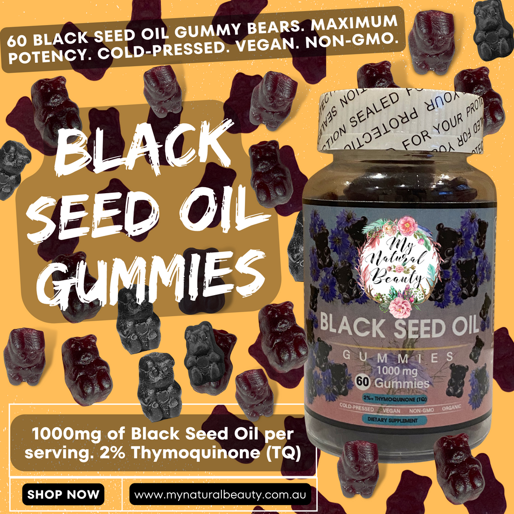  BLACK SEED OIL GUMMIES Australia- 60 Gummies    BLACK SEED OIL GUMMY BEARS. COLD-PRESSED.  MAXIMUM POTENCY. VEGAN. NON-GMO.    1000mg of Black Seed Oil per serving. 2% Thymoquinone (TQ).