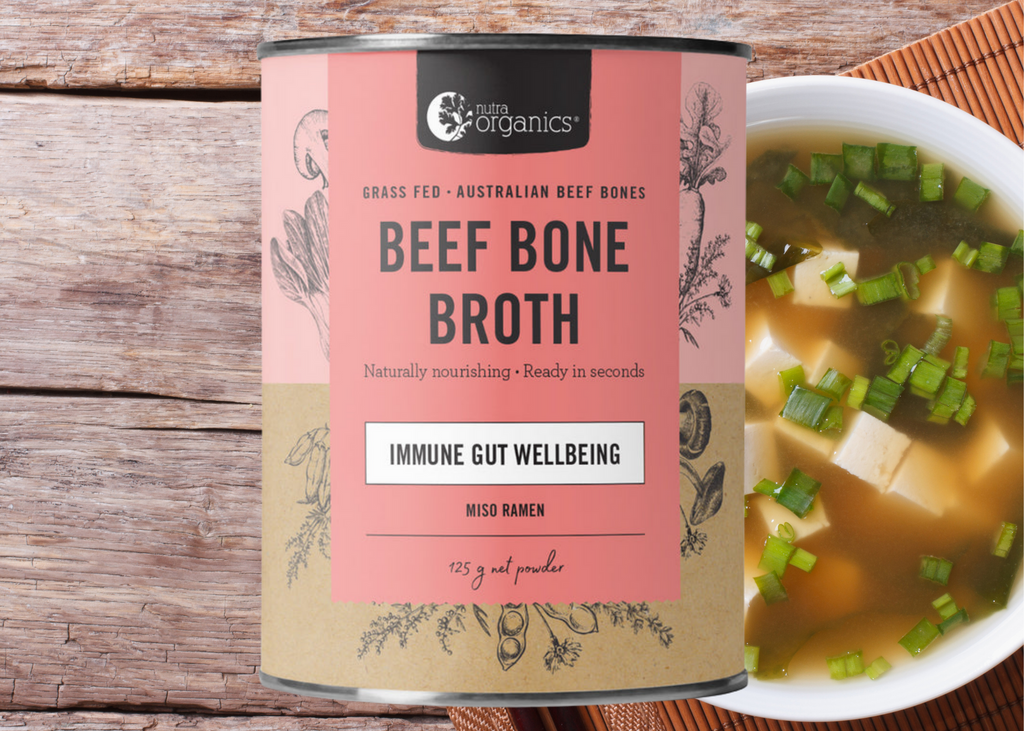 BRAND: Nutra Organics     Beef Bone Broth Miso Ramen is a naturally nourishing instant ramen bone broth with zinc and B vitamins to support immunity, energy and gut wellbeing.~  Ready in seconds, as tasty and nutritious as homemade and easy to take on the go. 