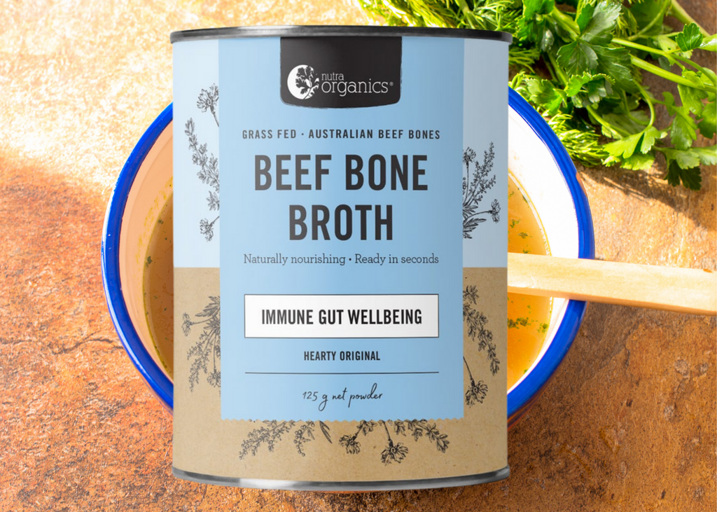 Beef Bone Broth Hearty Original- 125g       BRAND: Nutra Organics   Beef Bone Broth Hearty Original is naturally nourishing with a source of protein and collagen, Zinc, and B vitamins to support immunity, energy, and gut wellbeing~  Ready in seconds, as tasty and nutritious as homemade, and easy to take on the go.