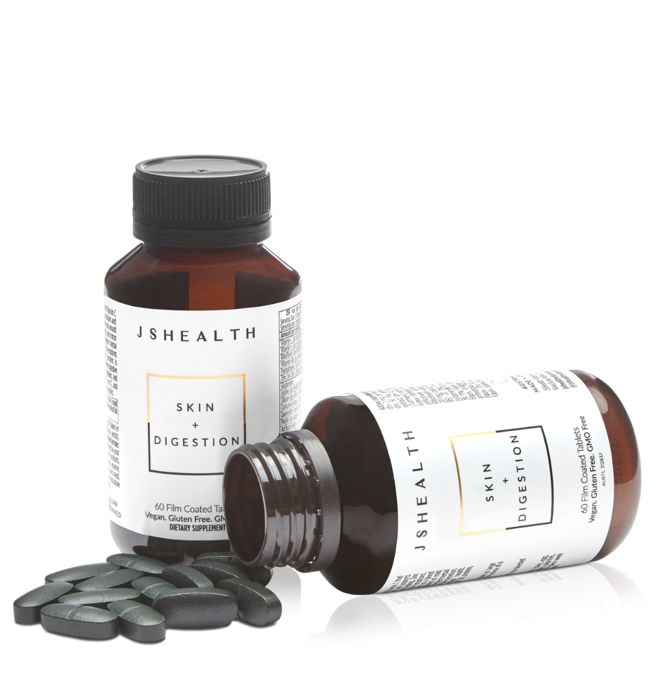  Skin + Digestion - 60 Tablets     Designed to support skin health, and reduce acne, pimples and mild eczema.     DESCRIPTION     Vegan. Gluten-Free. GMO-Free     JSHealth believes in truly nurturing the body and nourishing it with the right nutrients and herbs to reach its full potential.