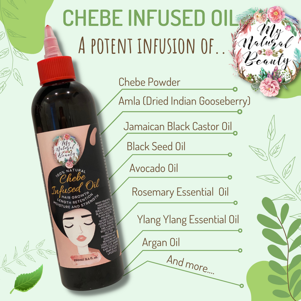  My Natural Beauty’s 100% Natural Chebe Infused Oil is made with authentic Chebe Powder from The Republic of Chad in Central Africa. Chebe (pronounced shea bay) powder is a traditional hair growth remedy from Chad, Africa.