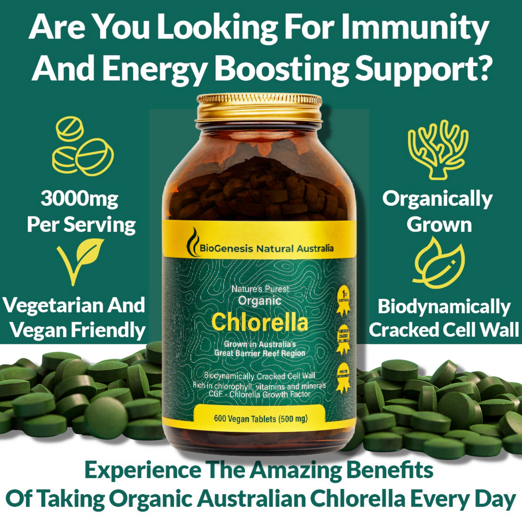  Organic Chlorella Tablets (600 tablets)- BioGenesis Natural Australia   Nature’s Purest Organic Chlorella- 500mg- 600t  BioGenesis Natural Australia (Glass) Nature's Purest Organic Chlorella 500mg 600t  Natural Ingredients  Organically grown in a pristine area of the Great Barrier Reef region of North Queensland.