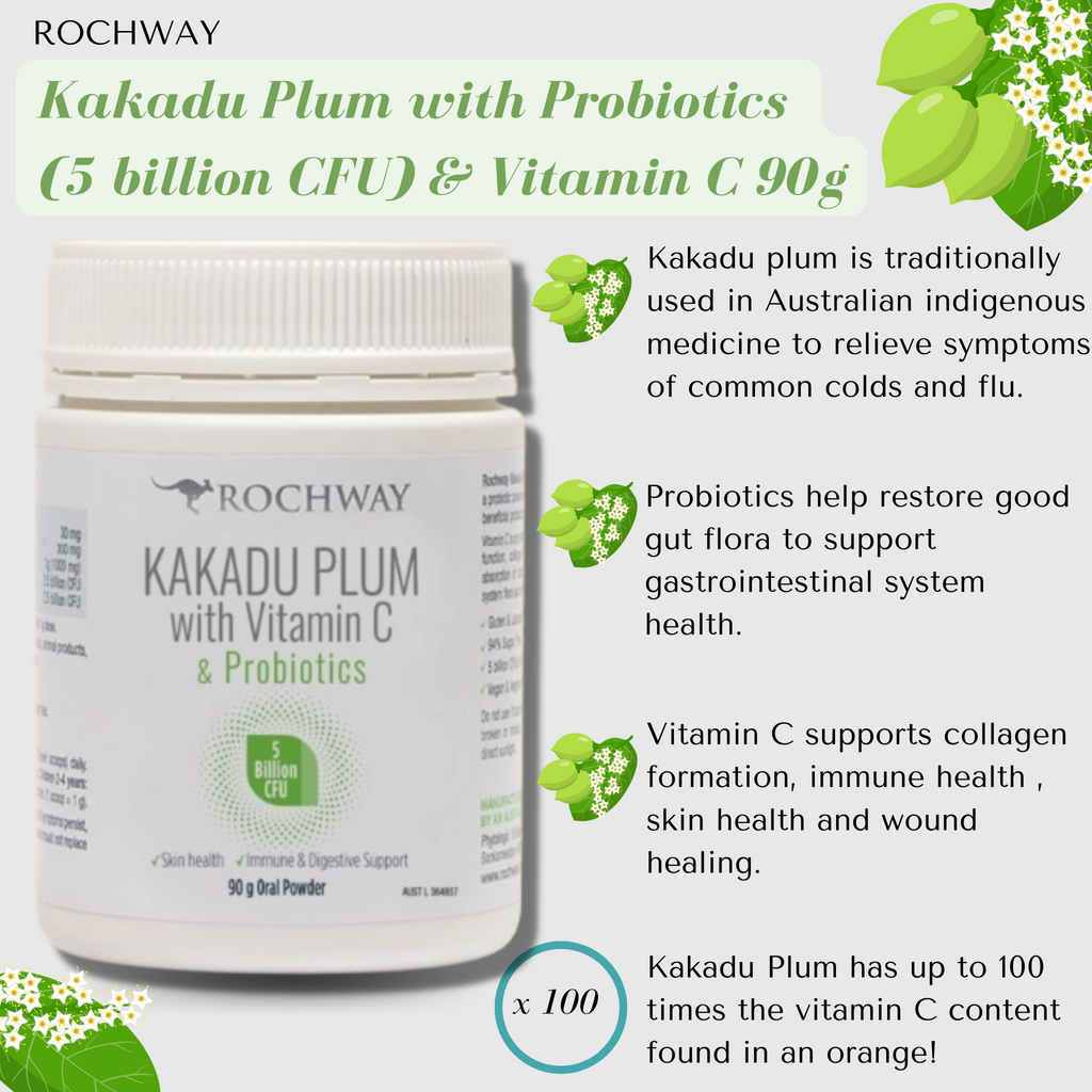 Rochway Kakadu Plum contains Australian grown Kakadu Plum in a probiotic powder with 1000mg of vitamin C and 5 billion CFU of beneficial probiotics per dose, designed for the entire family. Vitamin C is an antioxidant which supports healthy immune system function, collagen formation, skin health, wound healing and the absorption of dietary iron.