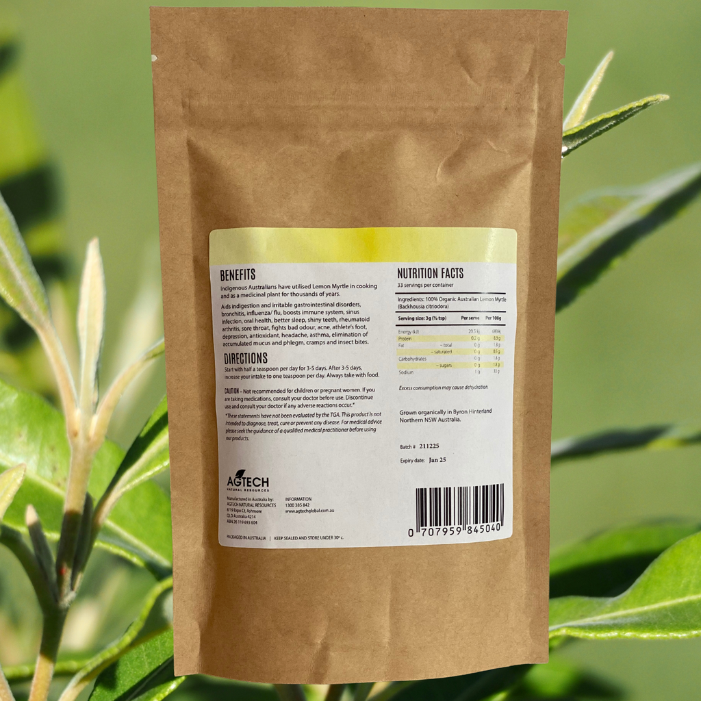 Organic Australian Lemon Myrtle Powder- 100g (x2)   CAFFEINE FREE- VEGAN FRIENDLY 100% Natural and Organic      100g: Up to 33 servings     Ingredients:   100% Organic Australian Lemon Myrtle (Backhousia citriodora)  