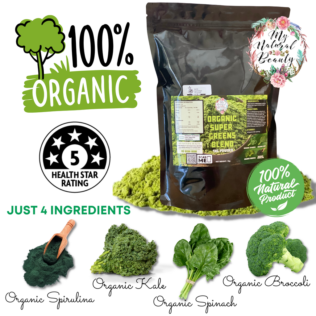 ORGANIC SUPER GREENS BLEND- 1kg   THERE ARE JUST 4 SUPERFOOD ORGANIC INGREDIENTS USED TO MAKE THIS POWDER:   Organic Spinach Organic Kale Organic Broccoli Organic Spirulina   Did you get your greens today? This nutrient-dense Organic Super Greens Blend is the perfect way to get a healthy dose of essential greens into your meals and snacks.