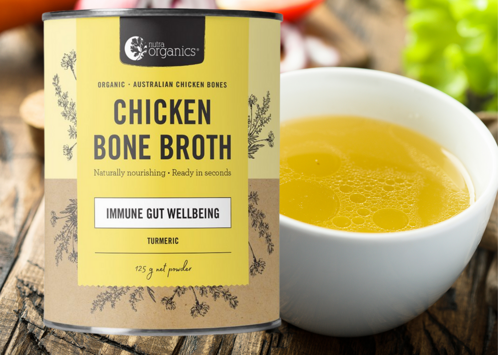 BRAND: Nutra Organics   Chicken Bone Broth Turmeric is naturally nourishing with curcumin, zinc & B vitamins to support immunity, energy and gut wellbeing.~ Ready in seconds, as tasty and nutritious as homemade and easy to take on the go!