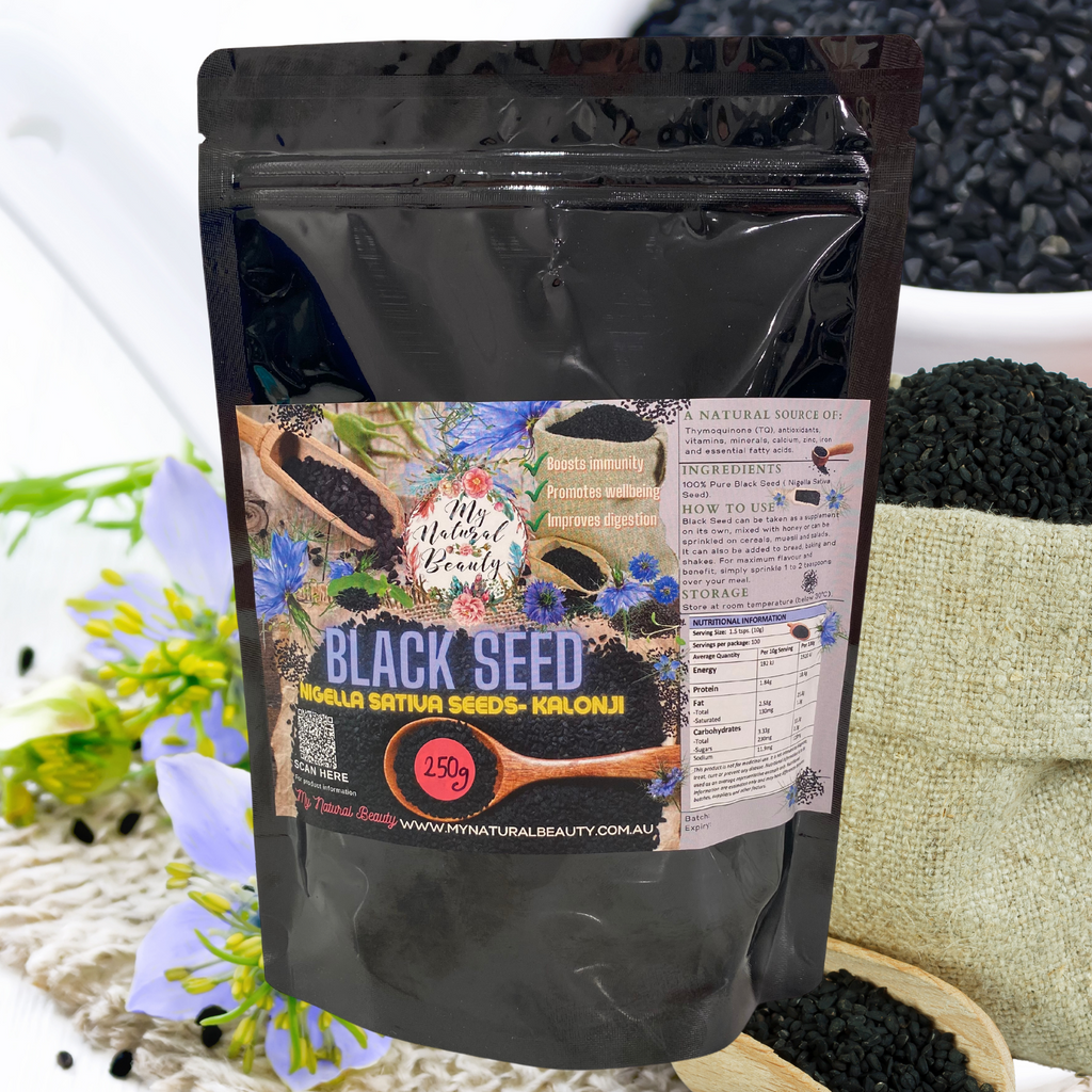 Nigella Sativa Seeds- Kalonji    Boosts immunity A natural source of Thymoquinone (TQ), antioxidants, vitamins, minerals and essential fatty acids. Promotes wellbeing Improves digestion     INGREDIENTS: 100% Pure Black Seed ( Nigella Sativa Seed)