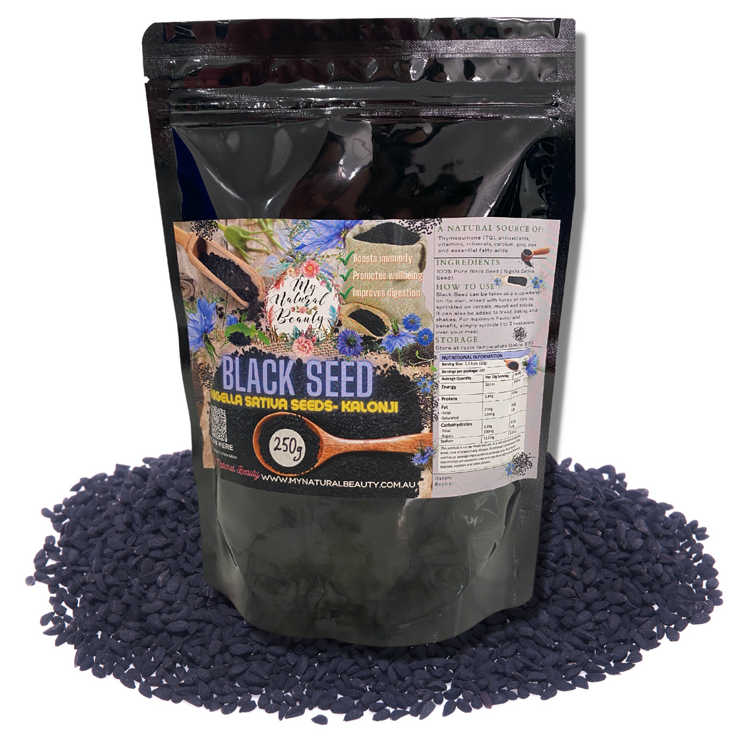 Nigella Sativa Seeds- Kalonji    Boosts immunity A natural source of Thymoquinone (TQ), antioxidants, vitamins, minerals and essential fatty acids. Promotes wellbeing Improves digestion     INGREDIENTS: 100% Pure Black Seed ( Nigella Sativa Seed)