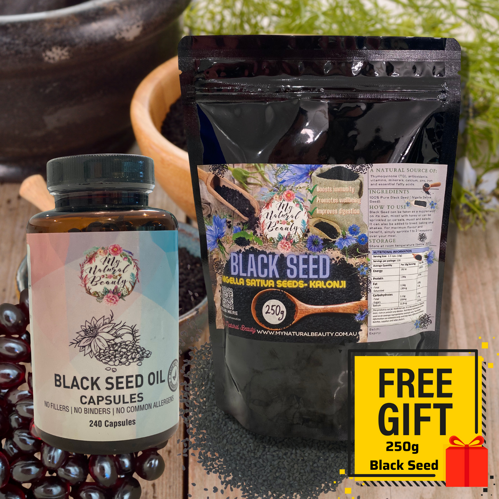 BLACK SEED OIL CAPSULES 240 Capsules  4 months supply   PLUS BONUS FREE GIFT. 250g Black Seed. Valued at $12.95. To read about this product, please click here.     FREE SHIPPING AUSTRALIA WIDE!