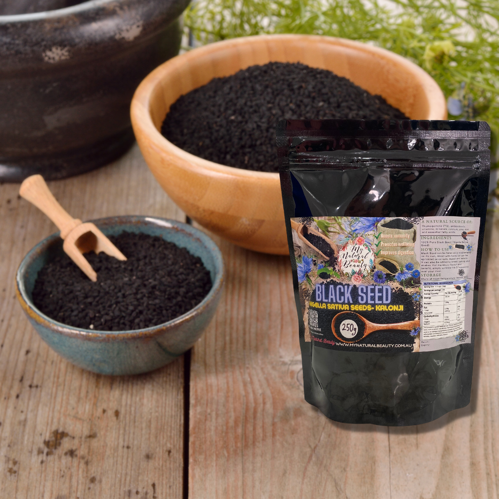 Nigella Sativa Seeds- Kalonji    Boosts immunity A natural source of Thymoquinone (TQ), antioxidants, vitamins, minerals and essential fatty acids. Promotes wellbeing Improves digestion     INGREDIENTS: 100% Pure Black Seed ( Nigella Sativa Seed)