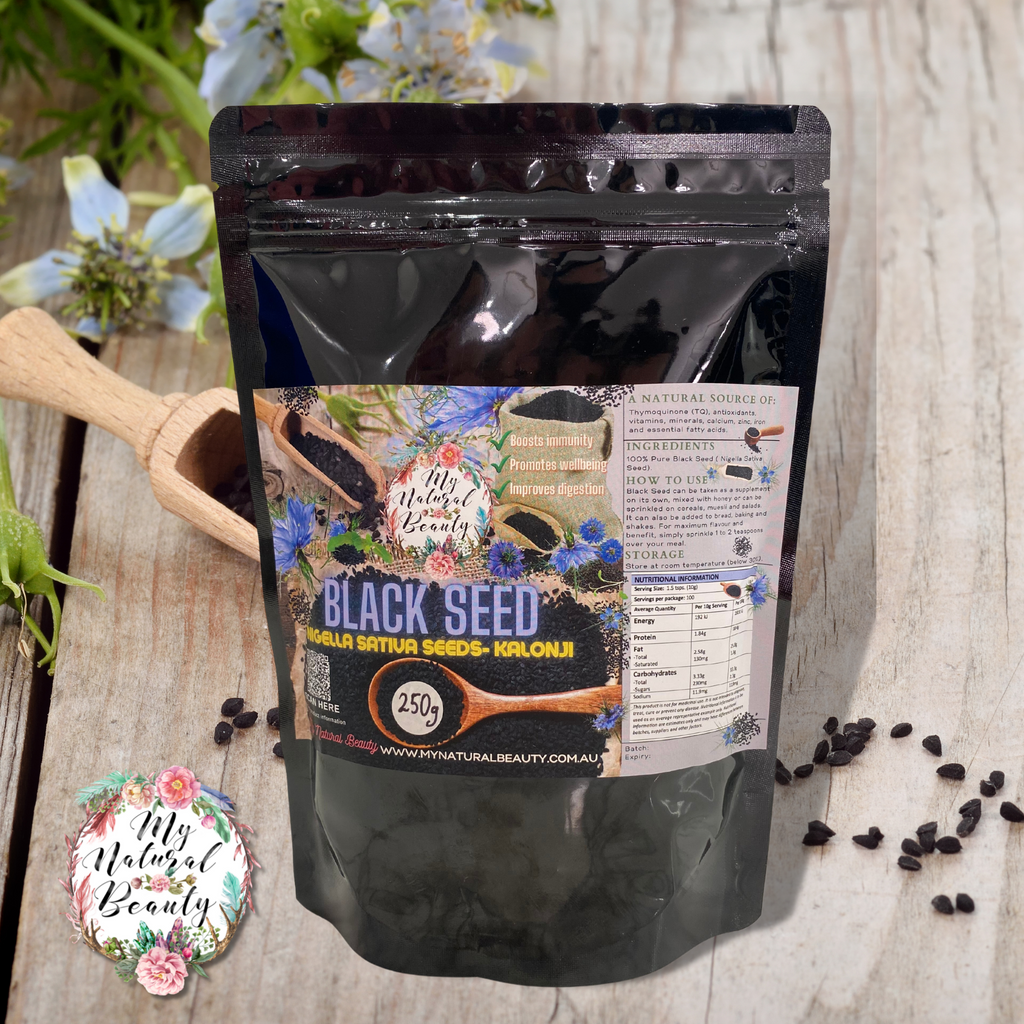 Nigella Sativa Seeds- Kalonji    Boosts immunity A natural source of Thymoquinone (TQ), antioxidants, vitamins, minerals and essential fatty acids. Promotes wellbeing Improves digestion     INGREDIENTS: 100% Pure Black Seed ( Nigella Sativa Seed)