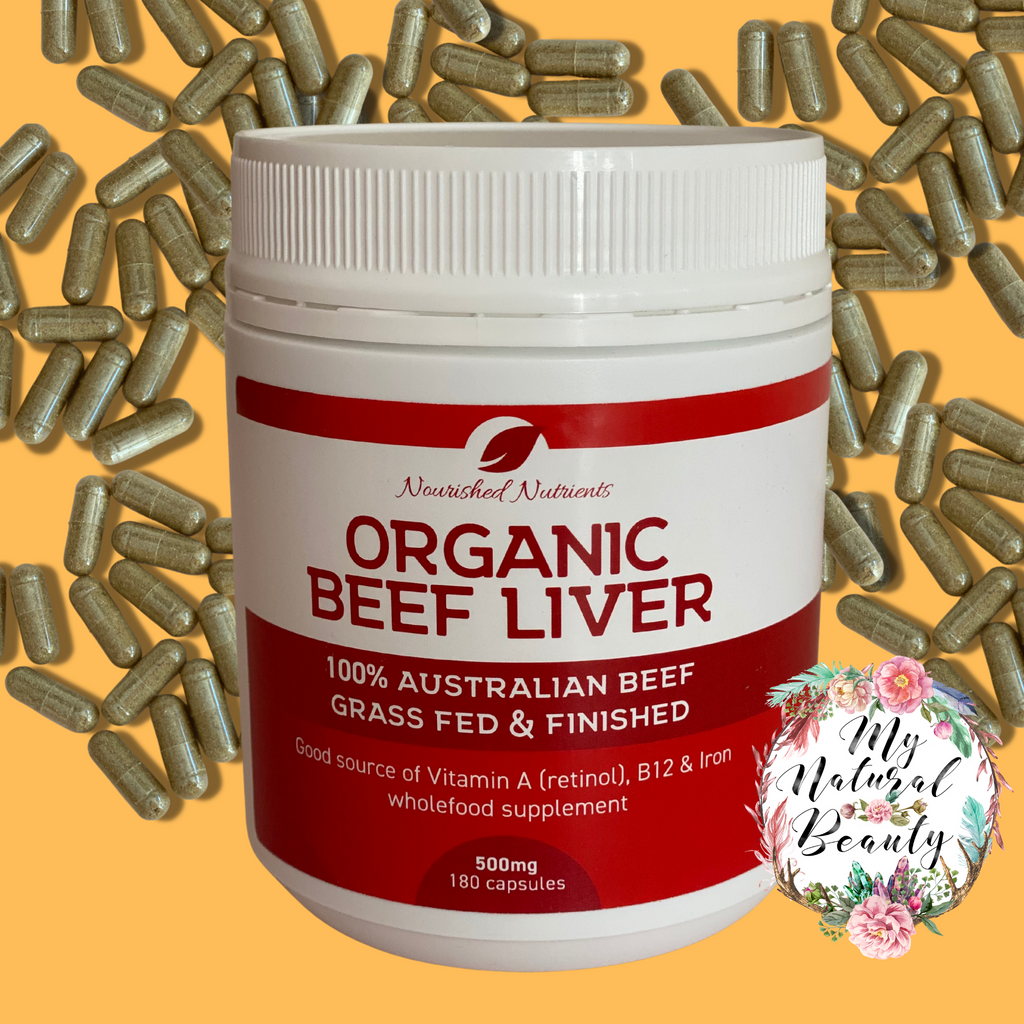 Organic Beef Liver capsules Nourished Nutrients- 100% Australian Beef- Grass Fed and Finished  500mg- 180 capsules  A good source of Vitamin A (retinol), B12 & Iron wholefood supplement.   Nourished Nutrients Beef Liver caps are made from certified Organic, grass-fed Australian beef cattle and nothing else but a gelatine capsule!