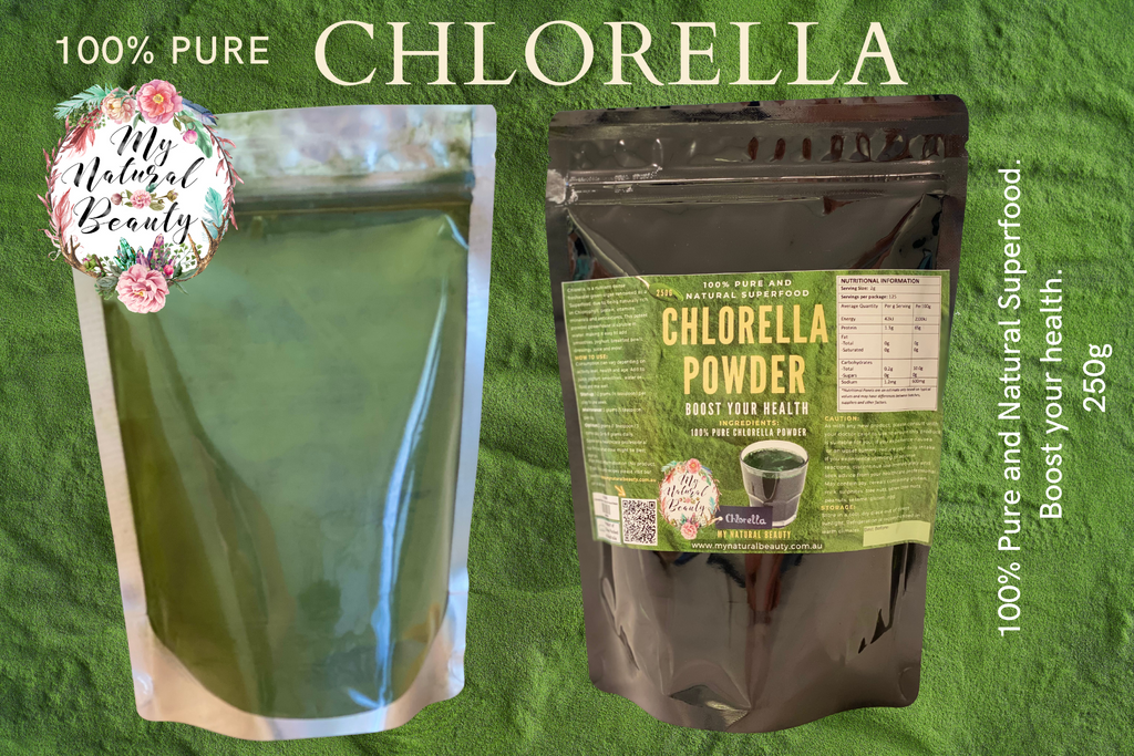 Chlorella Powder- 250g   100% Pure Chlorella Powder, Nothing Added, No Fillers, No Nasties   100% Pure and Natural Superfood. Boost your health.      Chlorella, is a nutrient-dense freshwater green-algae and is renowned as a ‘Superfood’ due to being naturally rich in Chlorophyll, protein, vitamins, minerals and antioxidants. This potent powder powerhouse is soluble in water, making it easy to add to water, smoothies, juice and more!