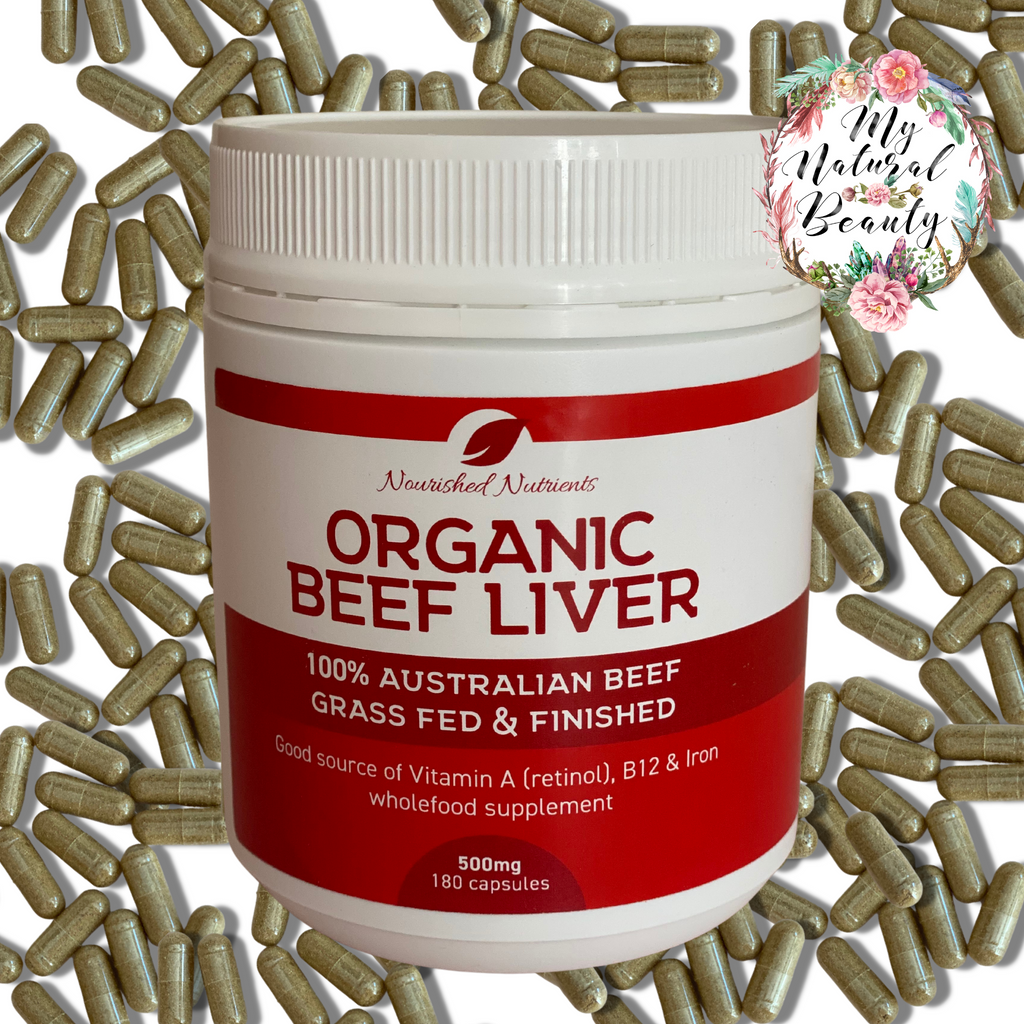 Organic Beef Liver capsules Nourished Nutrients- 100% Australian Beef- Grass Fed and Finished  500mg- 180 capsules  A good source of Vitamin A (retinol), B12 & Iron wholefood supplement.   Nourished Nutrients Beef Liver caps are made from certified Organic, grass-fed Australian beef cattle and nothing else but a gelatine capsule!