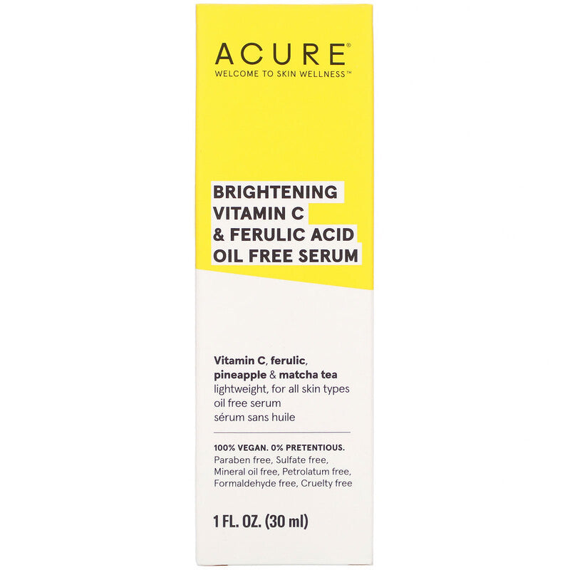 ACURE Brightening Vit C & Ferulic Acid Oil Free Serum – 30ml         Vitamin C, ferulic, pineapple & matcha tea lightweight, for all skin types serum     Vitamin C you later dull skin! With vitamin C, ferulic acid, pineapple extract and matcha tea to help you shine bright.