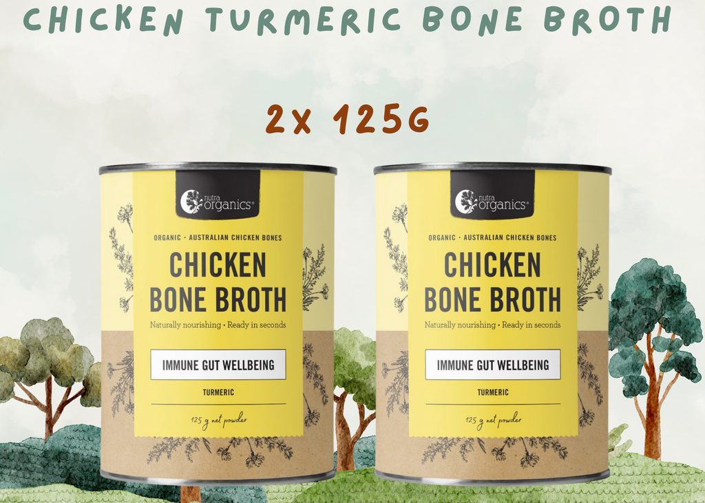 Chicken Bone Broth Turmeric- 2x 125g        BRAND: Nutra Organics   Chicken Bone Broth Turmeric is naturally nourishing with curcumin, zinc & B vitamins to support immunity, energy and gut wellbeing.~