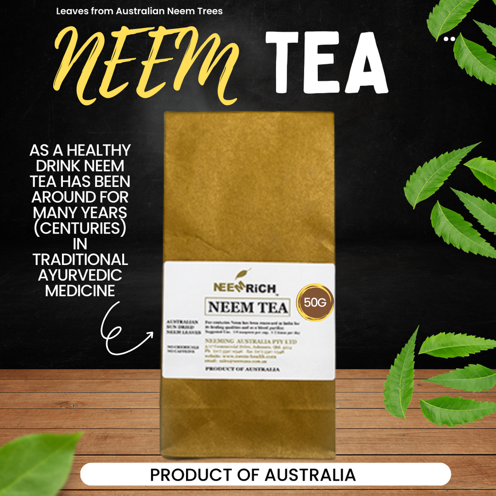 Neem Leaf Tea 50g  Leaves from Australian Neem Trees  1 – 2 cups per day   Overview:  Dried Australian Neem Leaves. Small amount per cup – 1/4 teaspoon equivalent to 1 leaf. 1 – 2 cups per day as a health drink and blood purifier.  PRODUCT OF AUSTRALIA